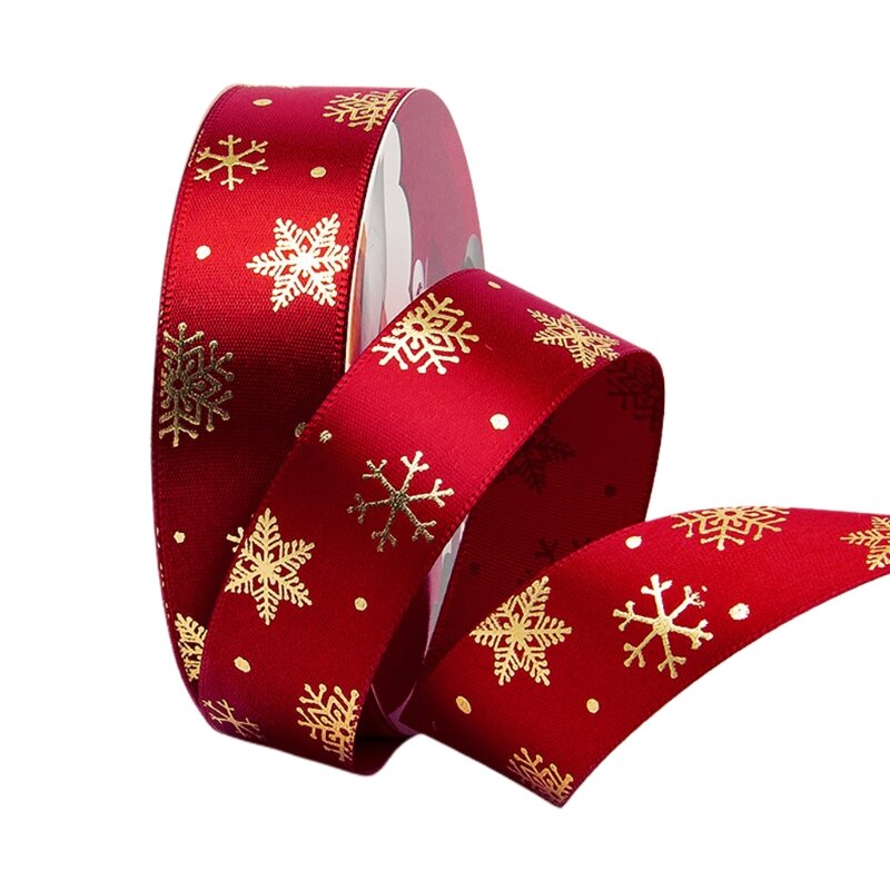 M2EA 25 Yards Kerst Linten Gouden Folie Sneeuwvlok Patronen Shimmer Bow Diy Craft