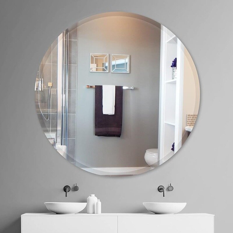 둥근 프레임리스 욕실 거울, 비스듬한 둥근 거울, 원형 화장대 거울, 1 인치 비스듬한 가장자리, 24 인치