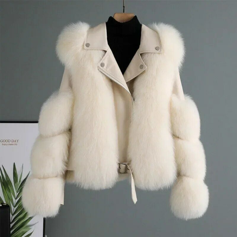 Mantel wanita bulu imitasi, mantel seragam motor bulu rubah imitasi, mantel muda musim gugur dan musim dingin 2023