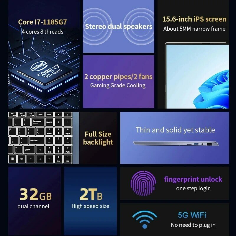 Computador portátil para jogos Intel-Core i7-1185G7, DDR4, 32GB RAM, 2TB, Impressão digital desbloqueada, Notebook retroiluminado, 5G WiFi, 4,8 GHz, 4 núcleos, 8 Threads, PC