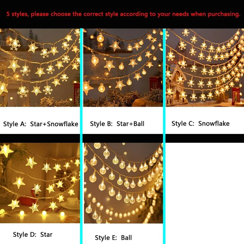 Luci natalizie 1.5M-50M Snowflake Star LED Fairy String Garland Battery/USB Outdoor per Tree Holiday 2024 decorazione di capodanno