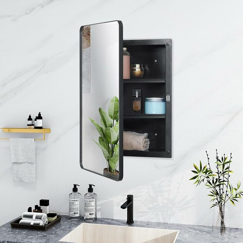 Пластиковый черный медицинский шкаф, зеркальная дверь со скошенными краями и круглой металлической рамой, утопленная и поверхностная установка для ванной комнаты