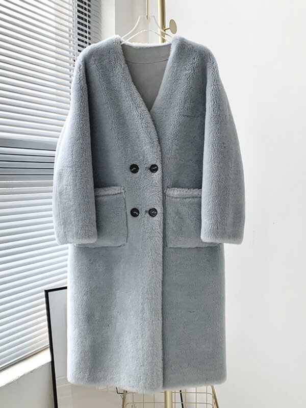 MENINA BONITA-2022 년 겨울 자켓 여성 더블 브레스트 v넥 리얼 모피 코트, 자연 직조 울 모피 두껍고 따뜻한 루즈한 겉옷