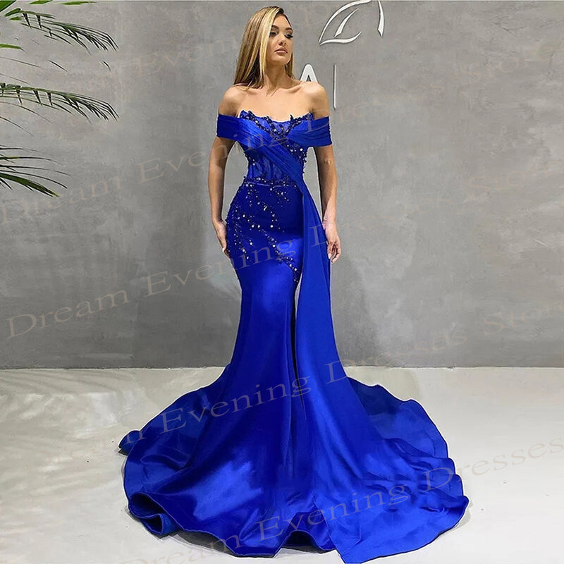 Popular Royal Blue Women's Mermaid Modest Evening Dresses Fashionable Off The Shoulder Beaded Prom Gowns Formal Occasion 이브닝드레스