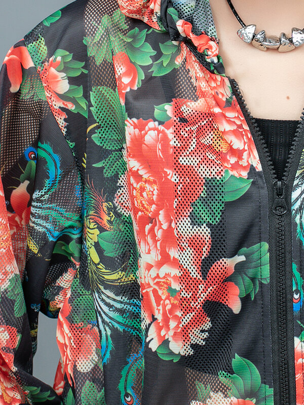 Женский комплект из двух предметов, тонкая Асимметричная длинная куртка с капюшоном и брюки-султанки с пионами в китайском стиле, LX1044, лето 2024