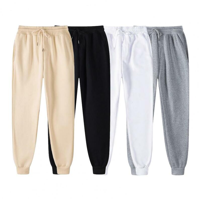 Solid Color Men Trousers Thick Plush Men's Sweatpants Elastic Waist Ankle-banded Mid Waist Length Trousers with Loose Pockets