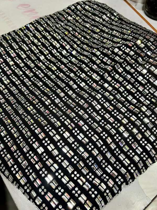 Tecidos nigerianos de renda feminina, tecido de cristal africano e francês, preto, pedras pesadas, vestido de noiva, moda, luxo, 2024