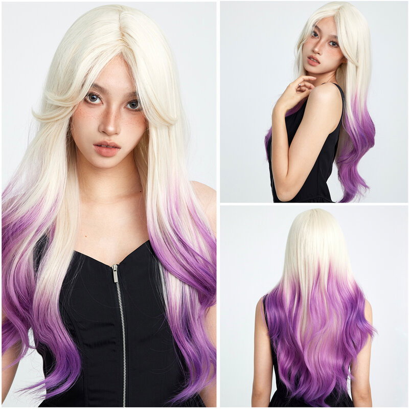 Smilco Omber Gradient Wihte To Purple Long Straight Synthetic Wigs With Bangs For Women Daily High Temperature Natural Fake Hair
