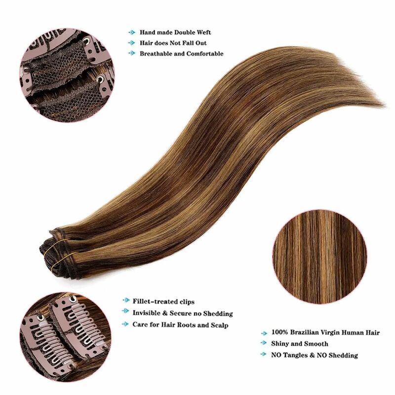 Straight Clip in Hair Extensions 8pcs Piano Color #4 27 Double Weft Clip in Human Hair Extensions #P4/27 Brazilian Human Hair