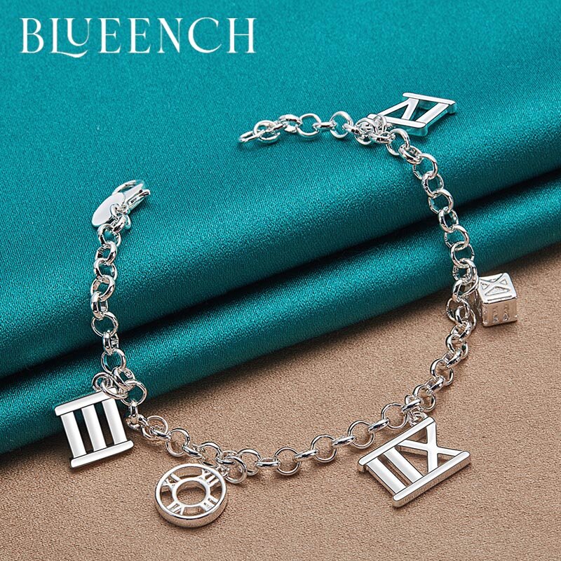 Blueench 925 prata esterlina eixo redondo numeral romano pingente pulseira para a data feminina festa moda jóias