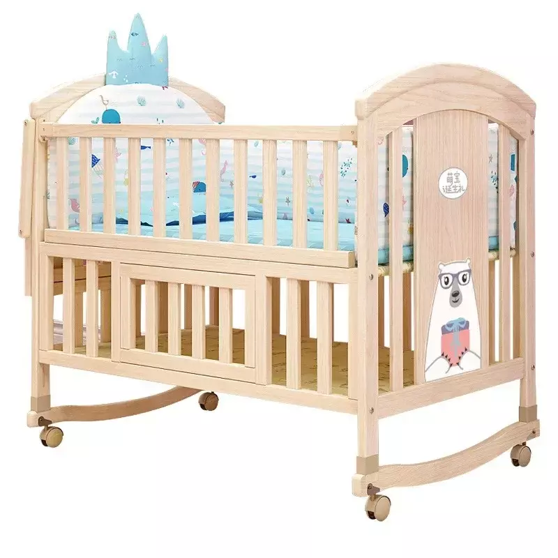 Solid Log Laca-Free Recém-nascido Bb Bed, Multi-funcional Móvel Cama Infantil, Splicing Queen Bed