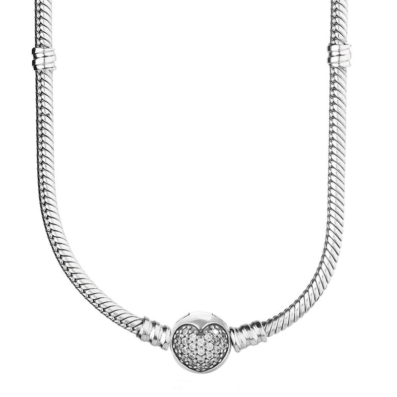 New 925 Sterling Silver Sparkling Pave Heart Poetic Blooms Clasp Snake Chain Necklace For Popular Bead Charm Jewelry