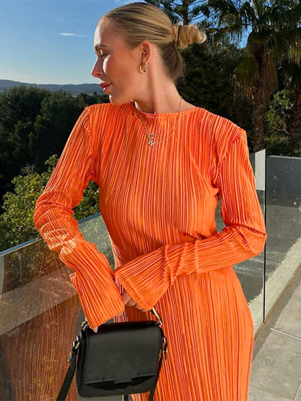 Hawshaw-vestido Midi naranja ajustado de manga larga para mujer, a la moda ropa de calle, artículos al por mayor para negocios, 2022