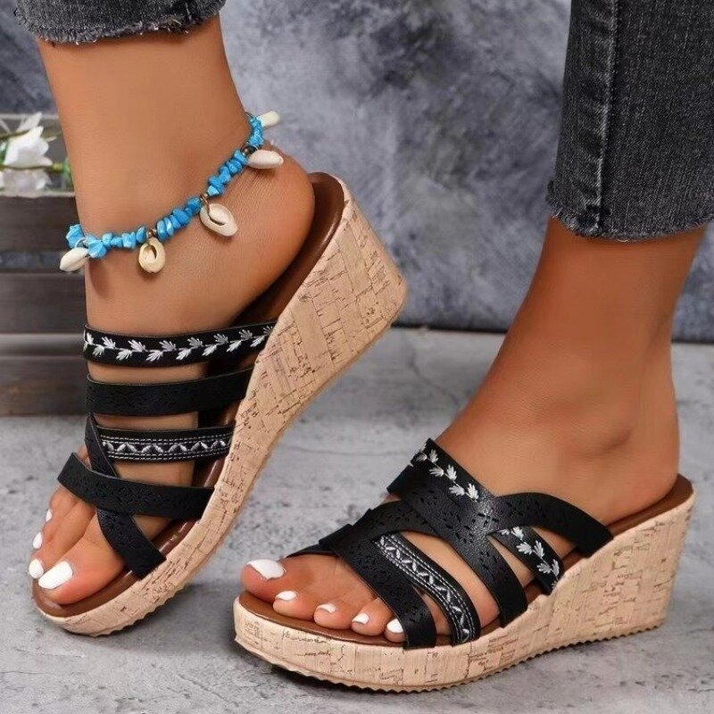 Wedge Shoes for Women 2024 Summer Women's High Heel Slippers Vintage Anti-Slip Leather Casual Platform Slides