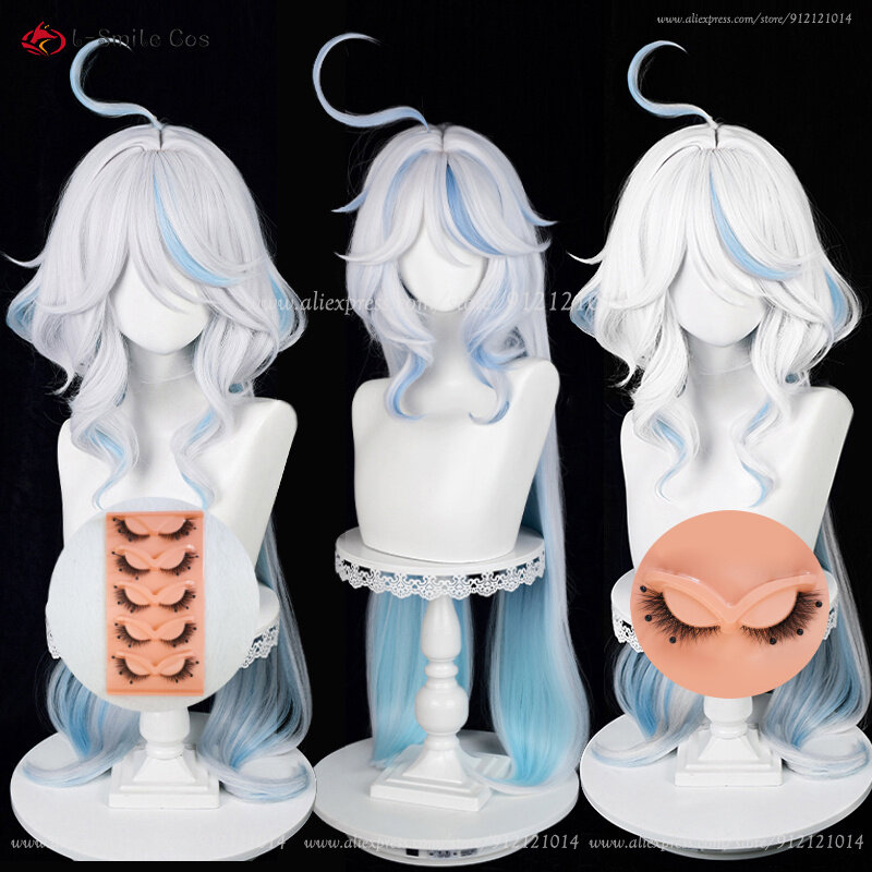 Fontaine Focalors Cosplay Wig 100cm Long Furina Wigs Blue White Curly Women Wigs Heat Resistant Hair Anime Wigs + Wig Cap