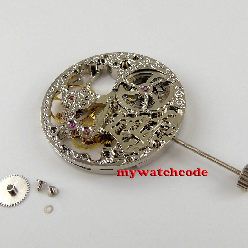 Relógio mecânico prata esqueleto, 17 Jewels Movement Fit, Enrolamento manual, 6498