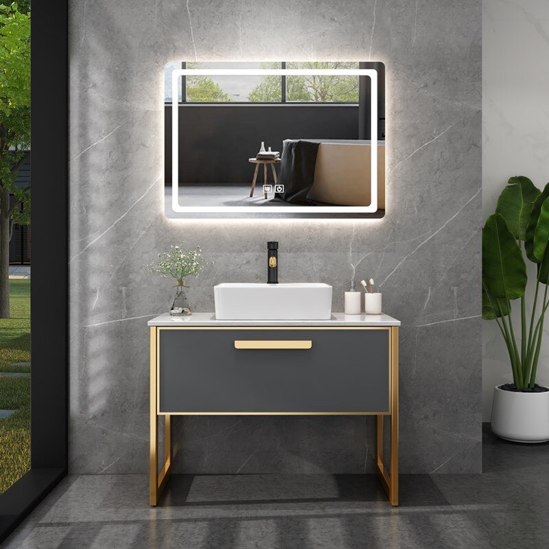 Armario de baño de lujo con luz nórdica, soporte de suelo de Hotel, lavabo de mármol personalizado