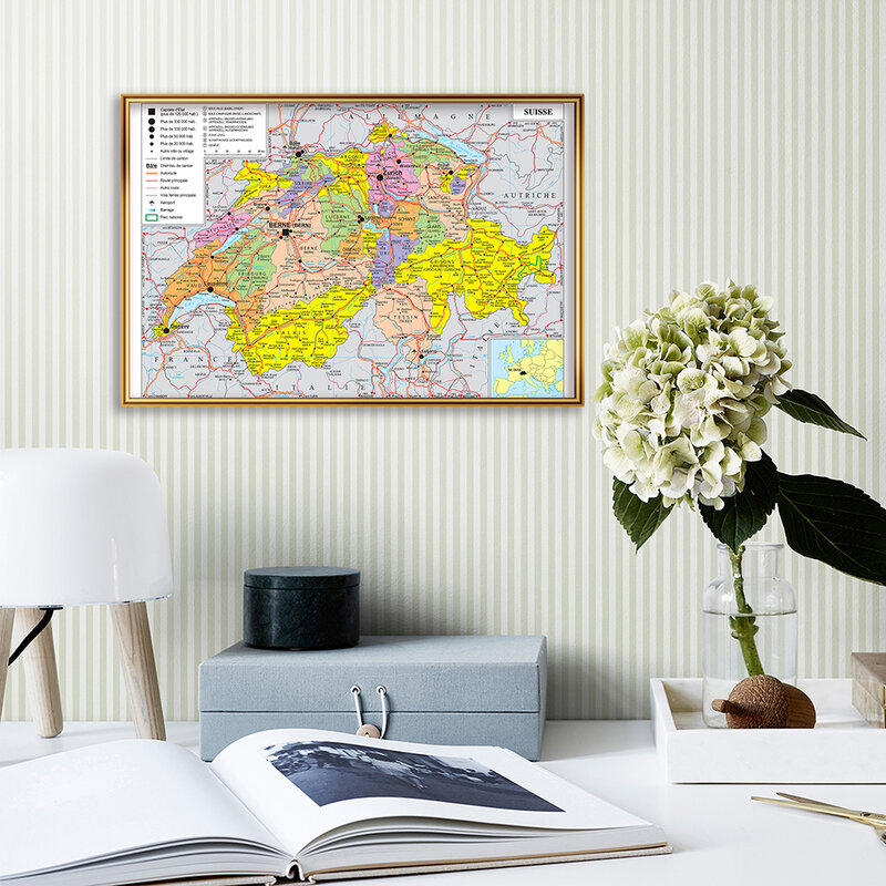 59*42Cm Peta Transportasi Swiss Dalam Poster Seni Dinding Perancis Lukisan Kanvas Perlengkapan Sekolah Perjalanan Dekorasi Rumah