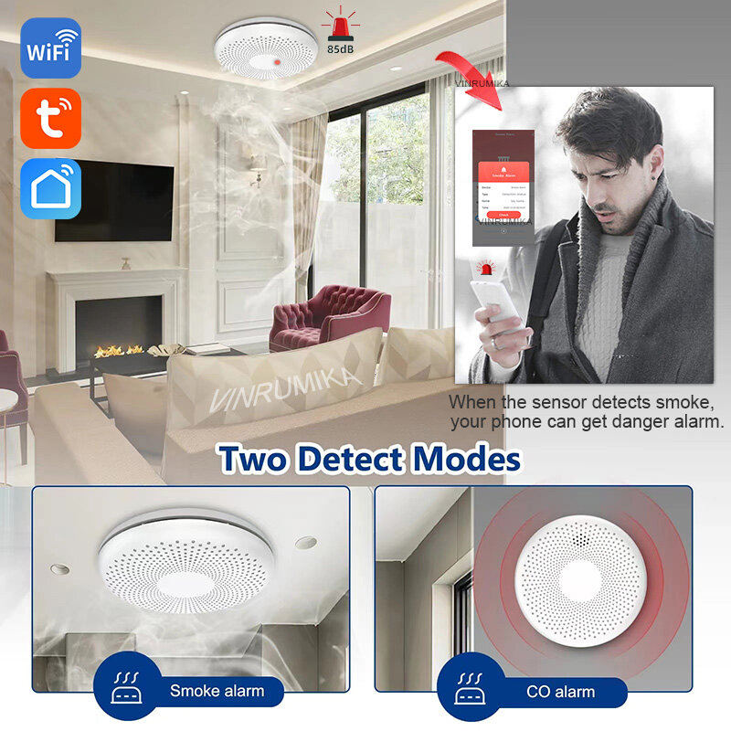 Tuya Smart Life Co & Smoke Detector, Função WiFi, Sensor de Alarme de Incêndio, Monóxido de Carbono, Cozinha, Bateria 10 Anos, 2 em 1
