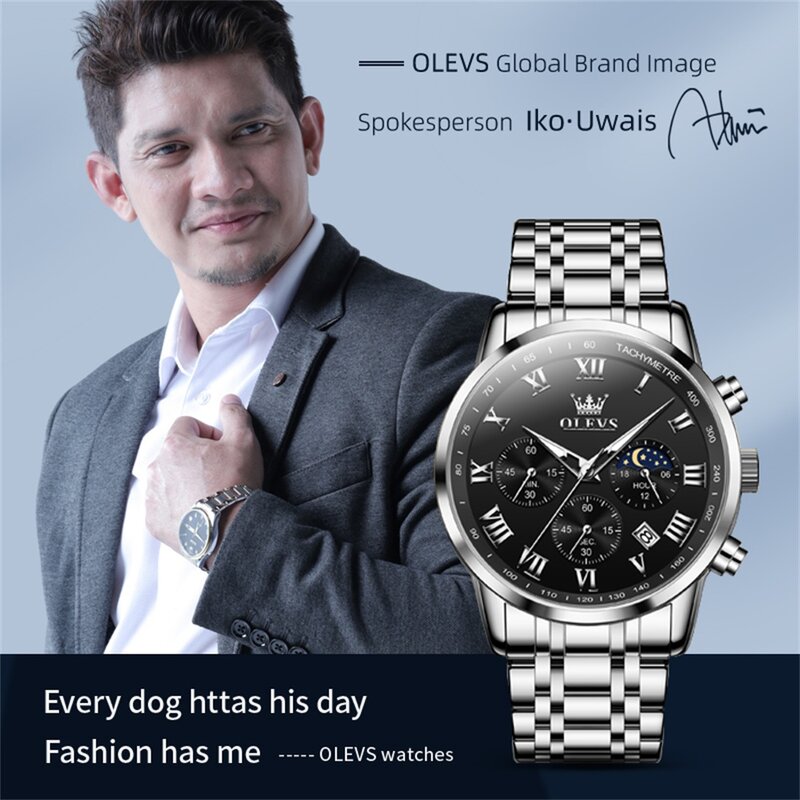 OLEVS jam tangan pria, Multifungsi asli, jam tangan kronograf kuarsa fase bulan tahan air trendi untuk pria