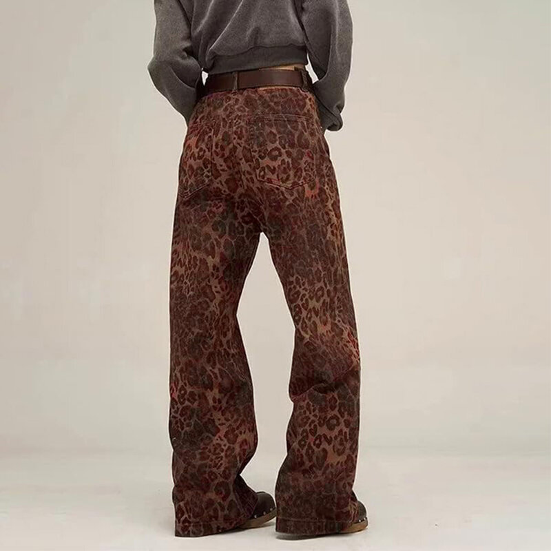 Jeans retrô com estampa leopardo para homens e mulheres, calças soltas, até o chão, europeu e americano, casual, novo, outono