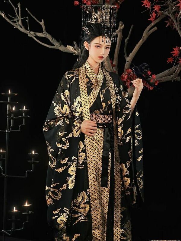 Vestido chinês hanfu para mulheres, antigo bronzear tradicional, traje cosplay da rainha do Dia das Bruxas, hanfu preto, plus size, xl, conjunto 3 peças