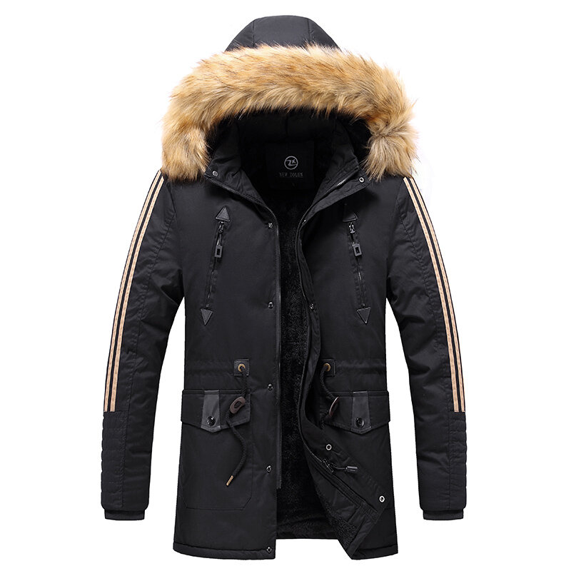 Хлопковое пальто мужское с большим меховым воротником и плюшевой толстой курткой, тренчкот, зимнее повседневное теплое хлопковое пальто средней длины с шапкой