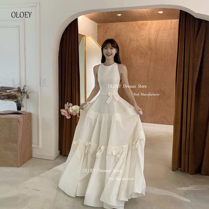 OLOEY-Coreano A-Line Vestidos De Casamento, Até O Chão Mangas, O-Neck, Camadas Vestidos De Noiva, 3D Flores, Modest, 2023