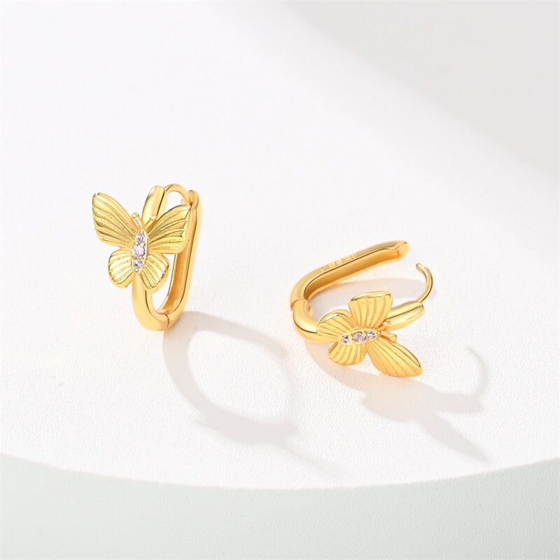 Sparkling 925 Sterling Silver Gold Butterfly Earrings For Women's Birthday Party Fashion Jewelry Gift