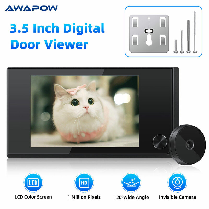 Awapow Bel Pintu Lubang Intip 3.5 Inci Kamera 120 ° Lubang Intip Penampil Pintu Mata Kucing Monitor Rumah Pintar Luar Ruangan Penampil Pintu Digital