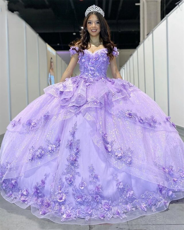 Lawendowa księżniczka Quinceanera ubiera suknię balową z odkrytymi ramionami kwiatowe słodkie 16 sukienek 15 Años meksykańskie