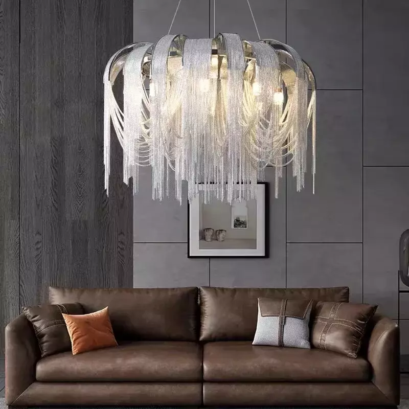 Postmodernistyczna luksusowa lampa wisząca do salonu LED E14 aluminiowa lampa wisząca z frędzlami willa chromowane złoto wystrój domu oświetlenie wewnętrzne