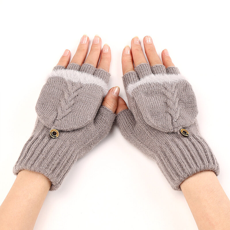 Зимние вязаные перчатки, варежки для мальчиков и девочек, двойного назначения, плотные шерстяные перчатки, вязаные перчатки без пальцев, теплые толстые перчатки для студентов