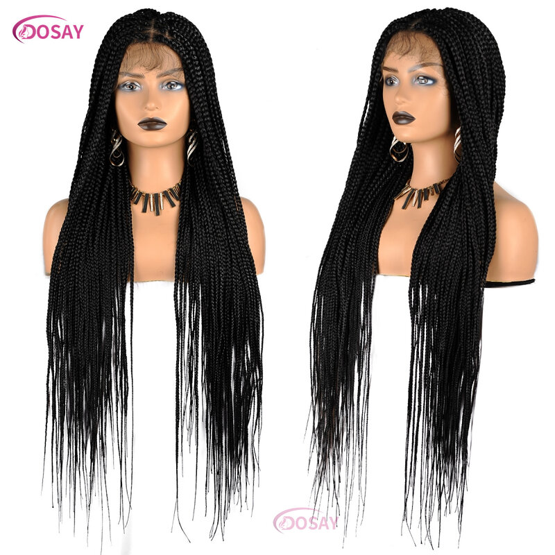 Pelucas de encaje Frontal completo para mujeres negras, peluca trenzada con caja, trenzas sintéticas de diosa