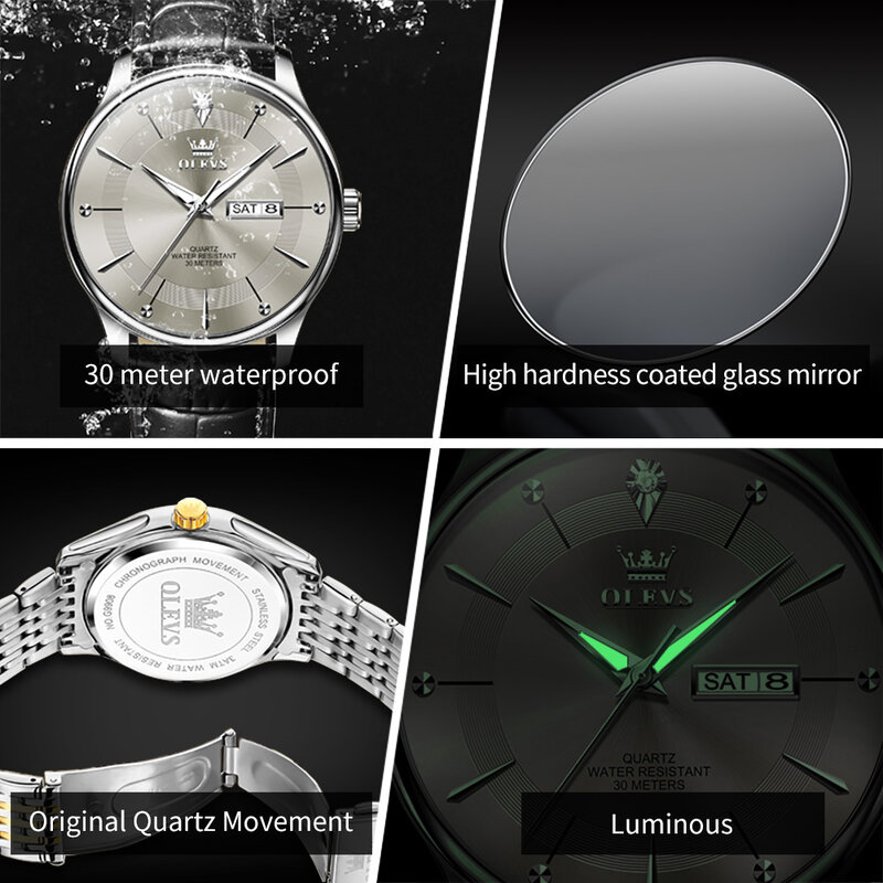 ساعة كوارتز مقاومة للماء من OLEVS للرجال ، حزام جلدي ، مضيئة ، أسبوع ، تاريخ ، رمادي ، فاخر ، أزياء العلامة التجارية