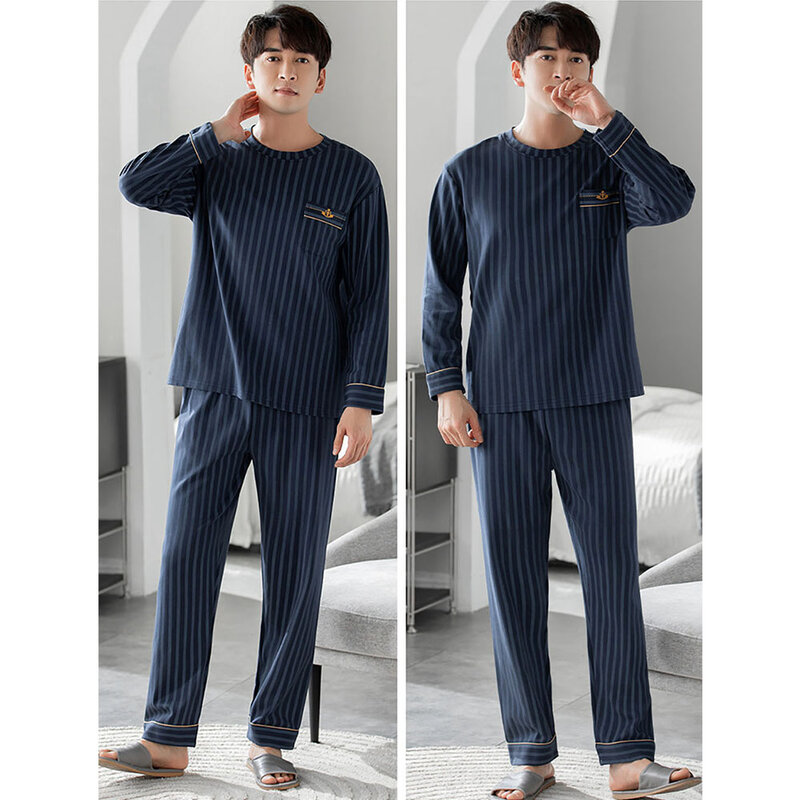 Pyjama à rayures pour hommes, ensemble décontracté, col rond, en coton, vêtements de nuit confortables, à la mode, printemps-automne, 2023