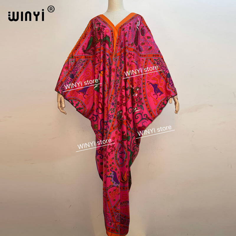فستان طويل رايون نسائي مطبوع تقليدي من WINYI ، رداء عباية أفريقي ، فساتين طويلة ، فستان برقبة حرف V ، داشيكي ، بوهيمي
