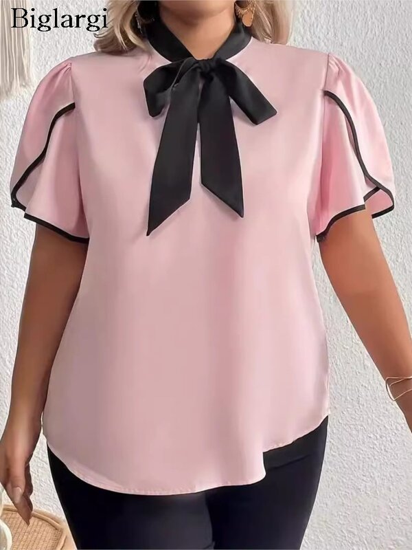 Plus Size Summer Pink Pullover Tops Women Patchwork Bow Collar Fashion Ladies Blouses Pleated Casual Short Sleeve Woman Tops