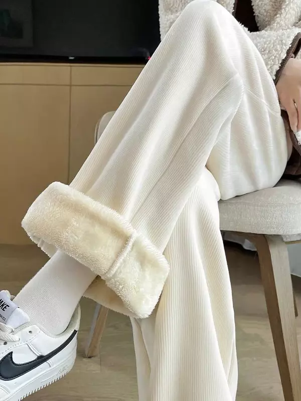 กางเกงขาม้าขนแกะหนาอบอุ่นในฤดูหนาว MODE Korea ผู้หญิงชุดลำลองกันหิมะแบบเรียบง่ายสำหรับผู้หญิงชุดกีฬาผ้าฟลีซใหม่