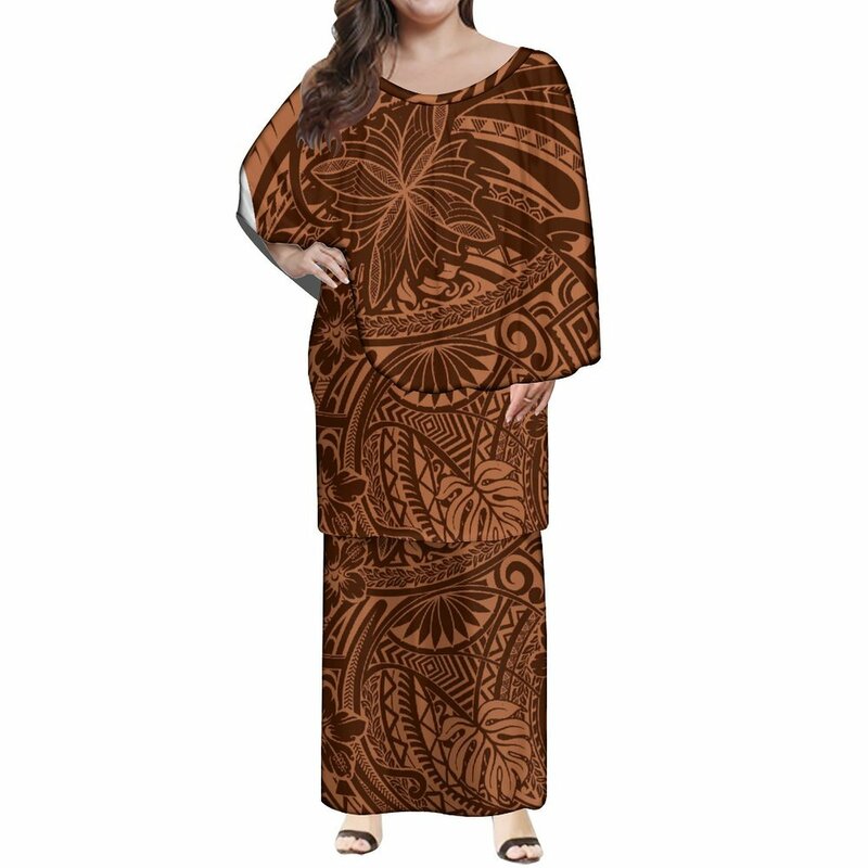 High Quality Custom Women Big Ponchos Puletasi Samoan Dress  Polynesian Tribal Printed 2 Pcs Top And Skirts Sets With Shawl