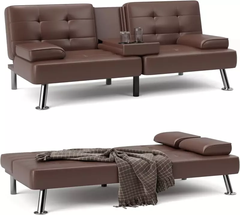 Sofá cama plegable Convertible para sala de estar, reposabrazos extraíble, tapizado de piel sintética, patas de Metal