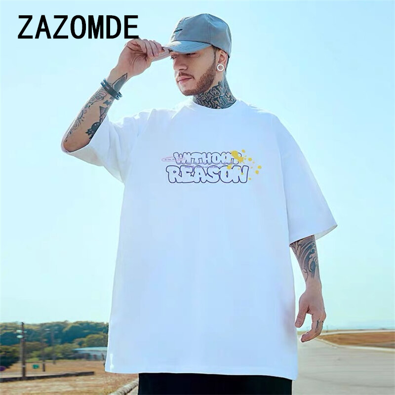 Zazomde-メンズ韓国コットンTシャツ,ラウンドネックの特大ブラウス,半袖カジュアルなトップス,ルーズ,夏,新品