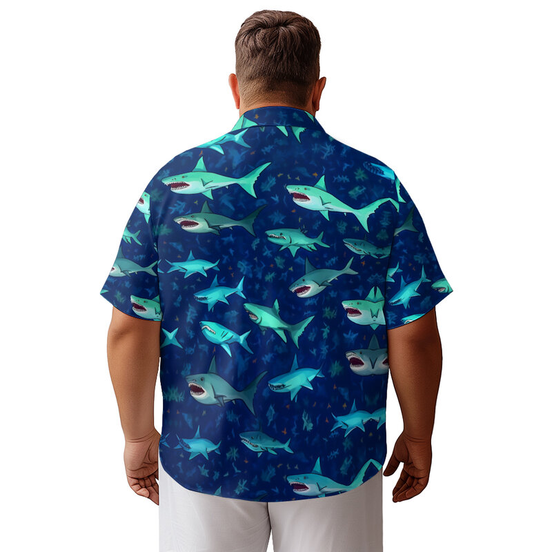 Vacation style Ocean Shark full print design camicia a maniche corte da uomo estate casual allentata di grandi dimensioni con risvolto sottile t-shirt top