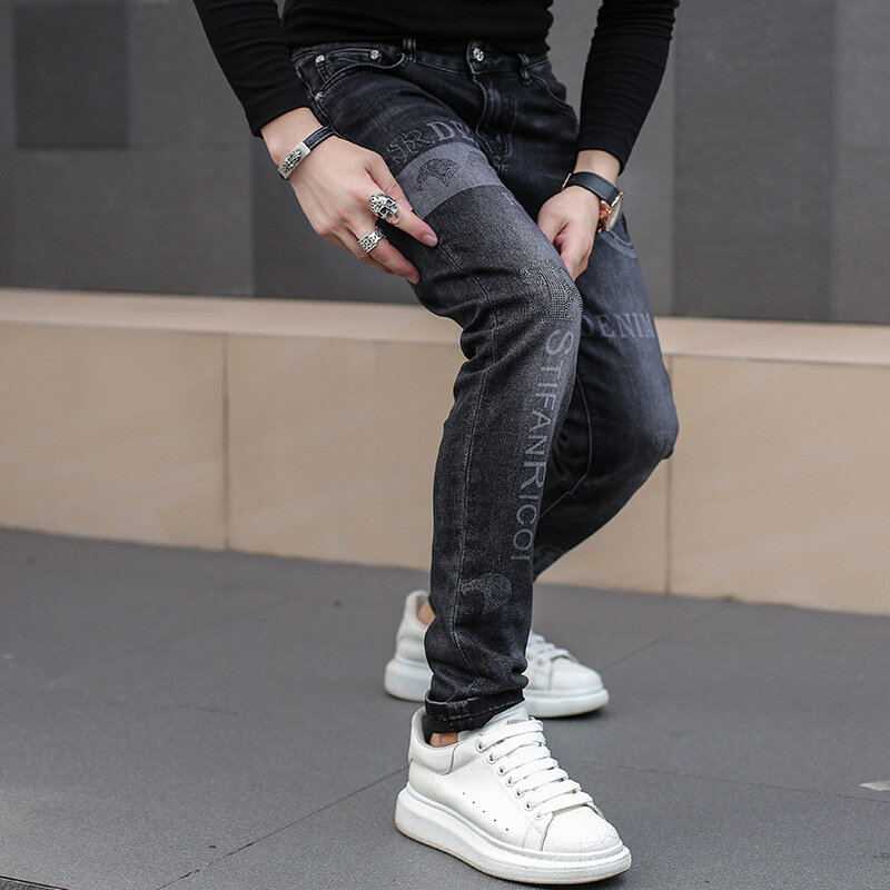 Jeans neri per uomo moda Street Hip-Hop uomo stile Punk Denim uomo pantaloni autunno uomo elastico Slim Fit Jeans da uomo di alta qualità