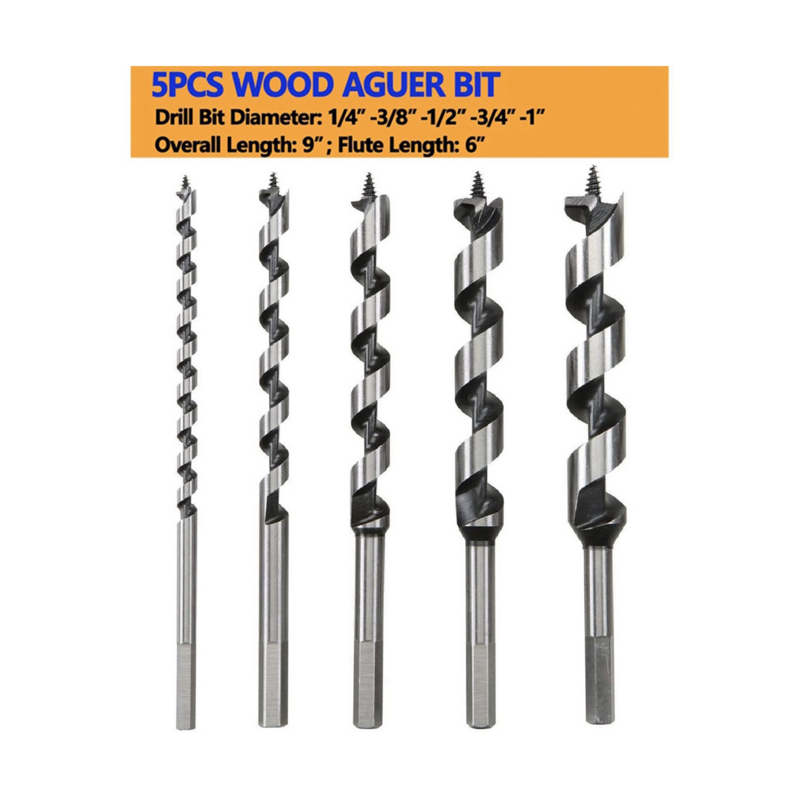 5Pcs Wood Drill Bit 9inch Length Screw Point Hex- Drill Deep Hole in Woodworking Cutter