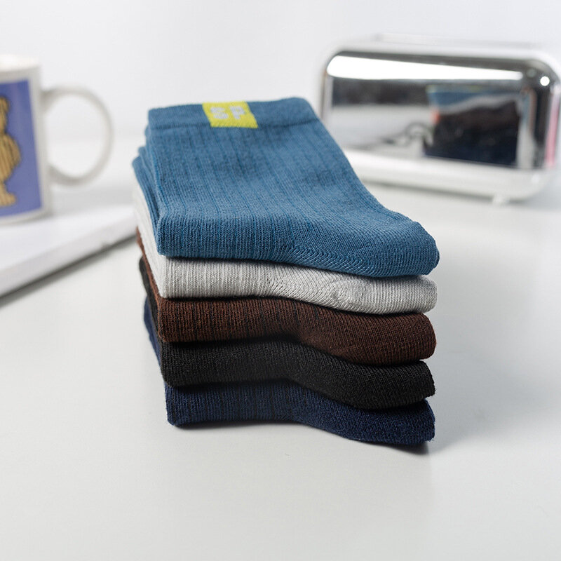 Calcetines de algodón transpirables para hombre, calcetín informal a rayas de Color sólido, para primavera y verano, 5 pares