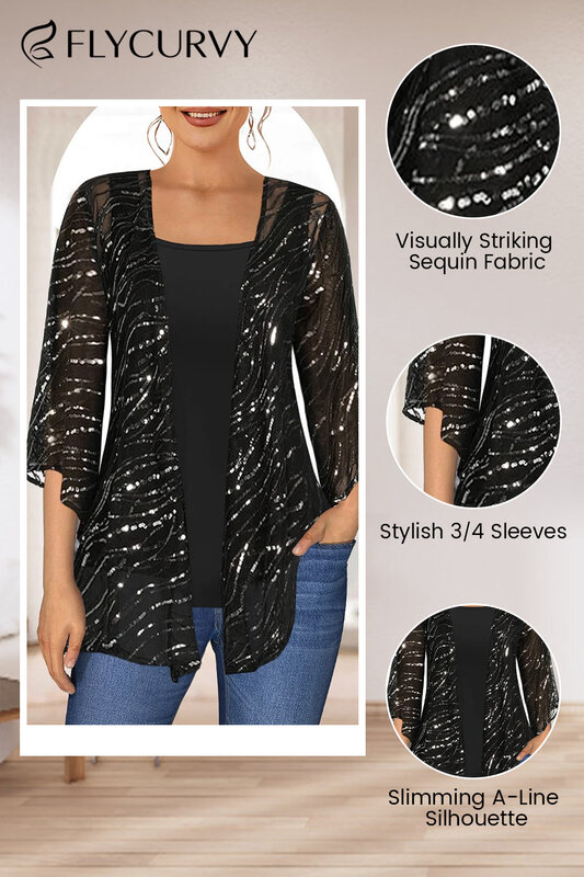 Flycurvy-Blusa negra brillante con lentejuelas, blusa de dos piezas, manga 3/4, talla grande