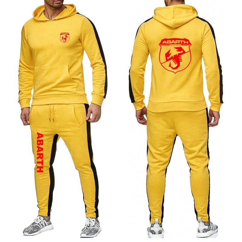 2024 men's Abarth spring and autumn sportswear hooded pullover hooded sweater+casual printed sweatpants casual solid color suit