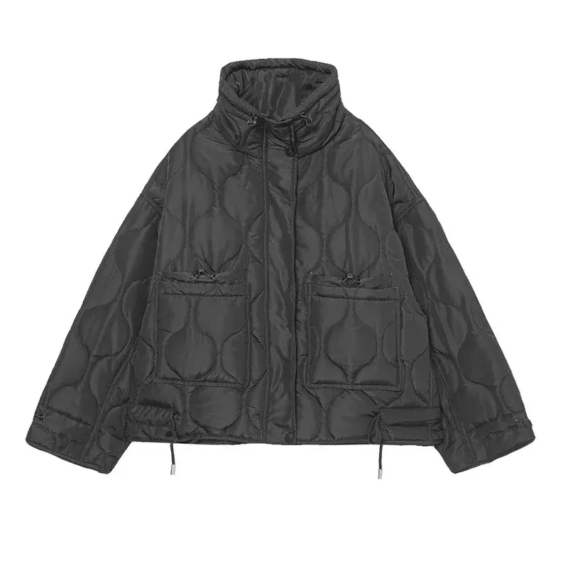 Caqui acolchoado reta jaqueta de algodão, casaco curto, gola, zíper, bolso, streetwear, outwears femininos, blogger