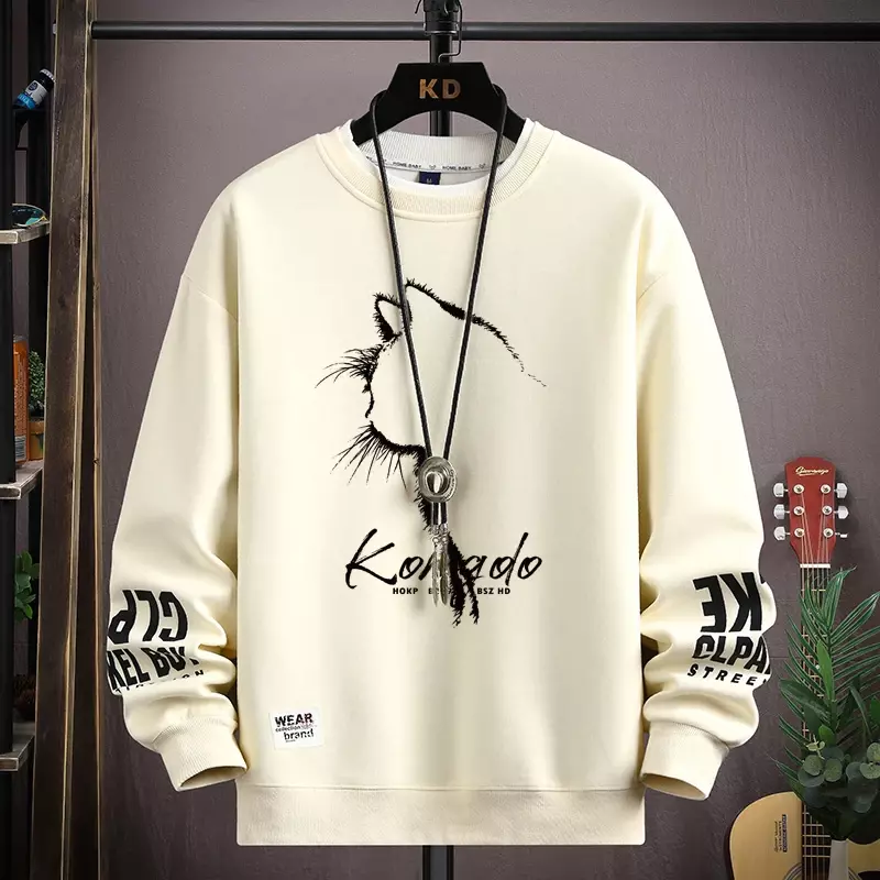 Autumn Men's Sweatshirt Sketch Cat Print Long Sleeve T-shirt Fashion Men's Clothing Black O Neck Harajuku Exclusive Design Top